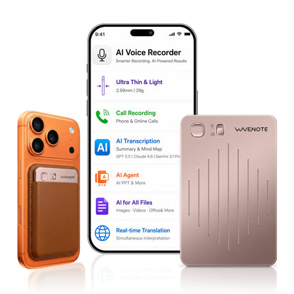 Grabadora de voz WaveNote con IA, transcripción y resumen con IA, compatible con 112 idiomas, 64 GB de memoria para reuniones, conferencias y llamadas