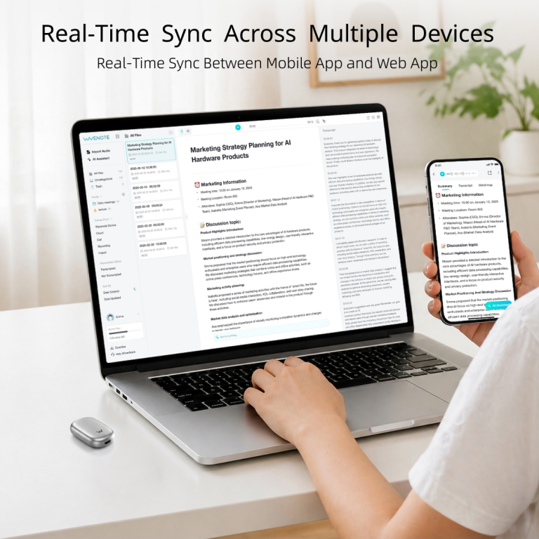 Grabadora de voz WaveNote con IA, transcripción y resumen con IA, compatible con 112 idiomas, 64 GB de memoria para reuniones, conferencias y llamadas