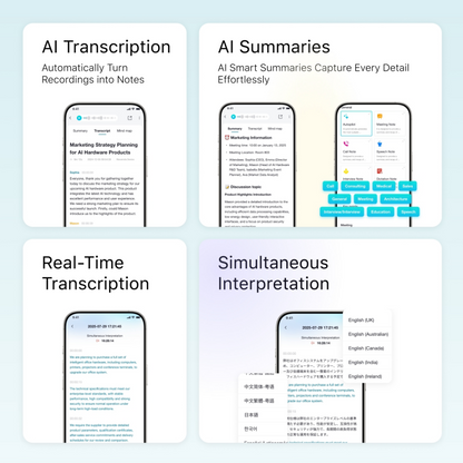 Grabadora de voz WaveNote con IA, transcripción y resumen con IA, compatible con 112 idiomas, 64 GB de memoria para reuniones, conferencias y llamadas
