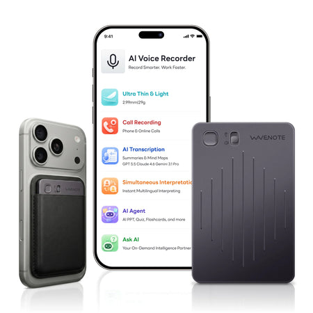 Grabadora de voz WaveNote con IA, transcripción y resumen con IA, compatible con 112 idiomas, 64 GB de memoria para reuniones, conferencias y llamadas