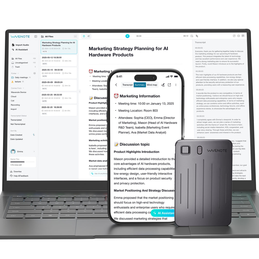 Grabadora de voz WaveNote con IA, transcripción y resumen con IA, compatible con 112 idiomas, 64 GB de memoria para reuniones, conferencias y llamadas