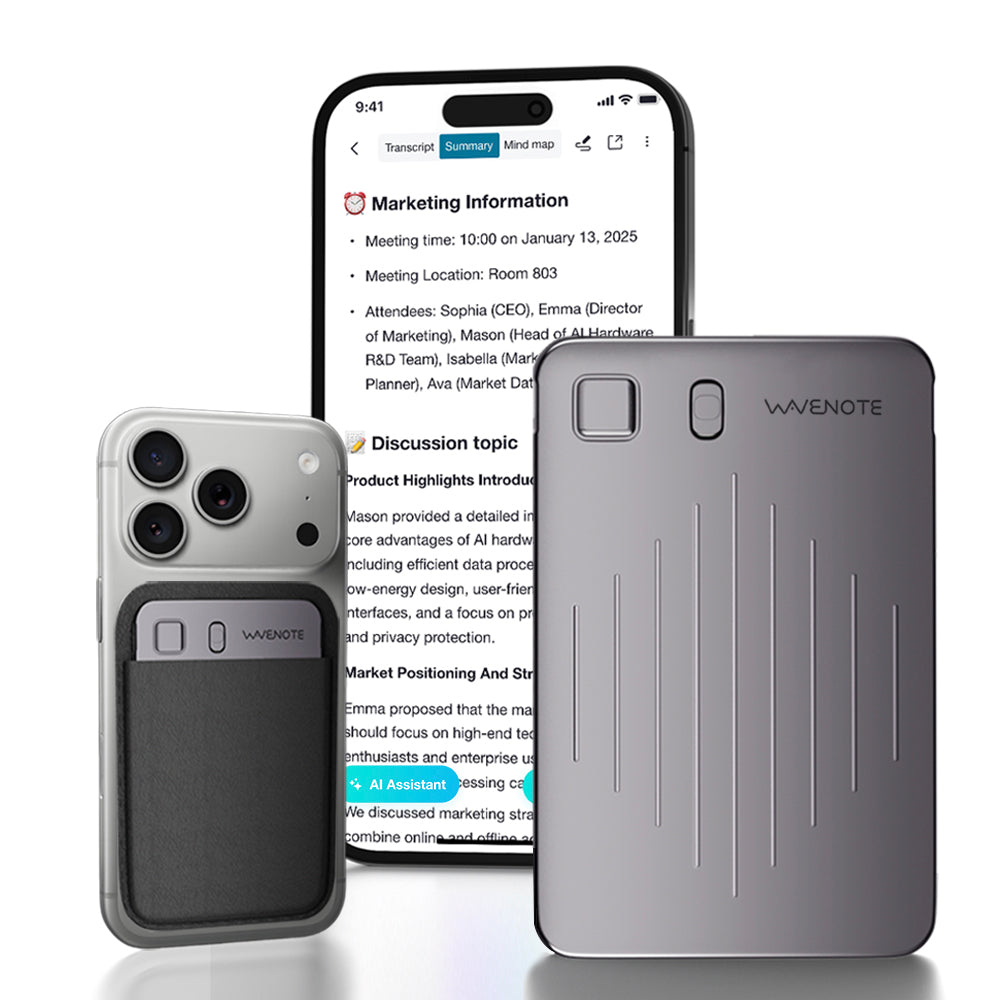 Grabadora de voz WaveNote con IA, transcripción y resumen con IA, compatible con 112 idiomas, 64 GB de memoria para reuniones, conferencias y llamadas